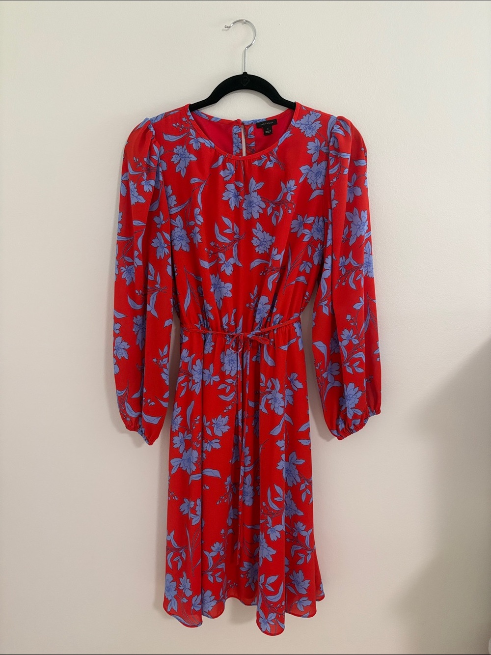 Ann Taylor Red Long-Sleeve Floral Tie-Waist Dress